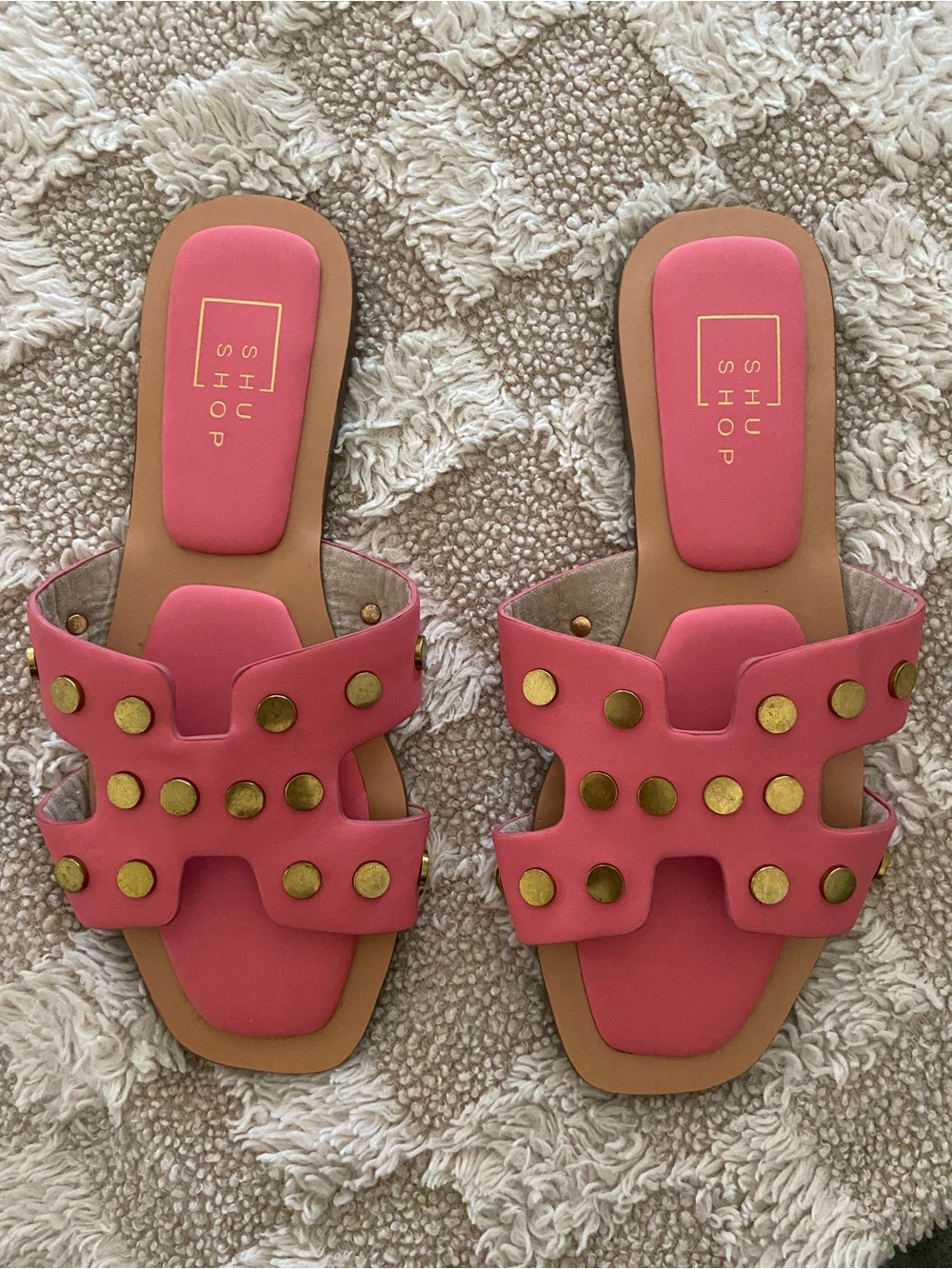 ShuShop Coral Pink Slide Sandals with Gold Studs